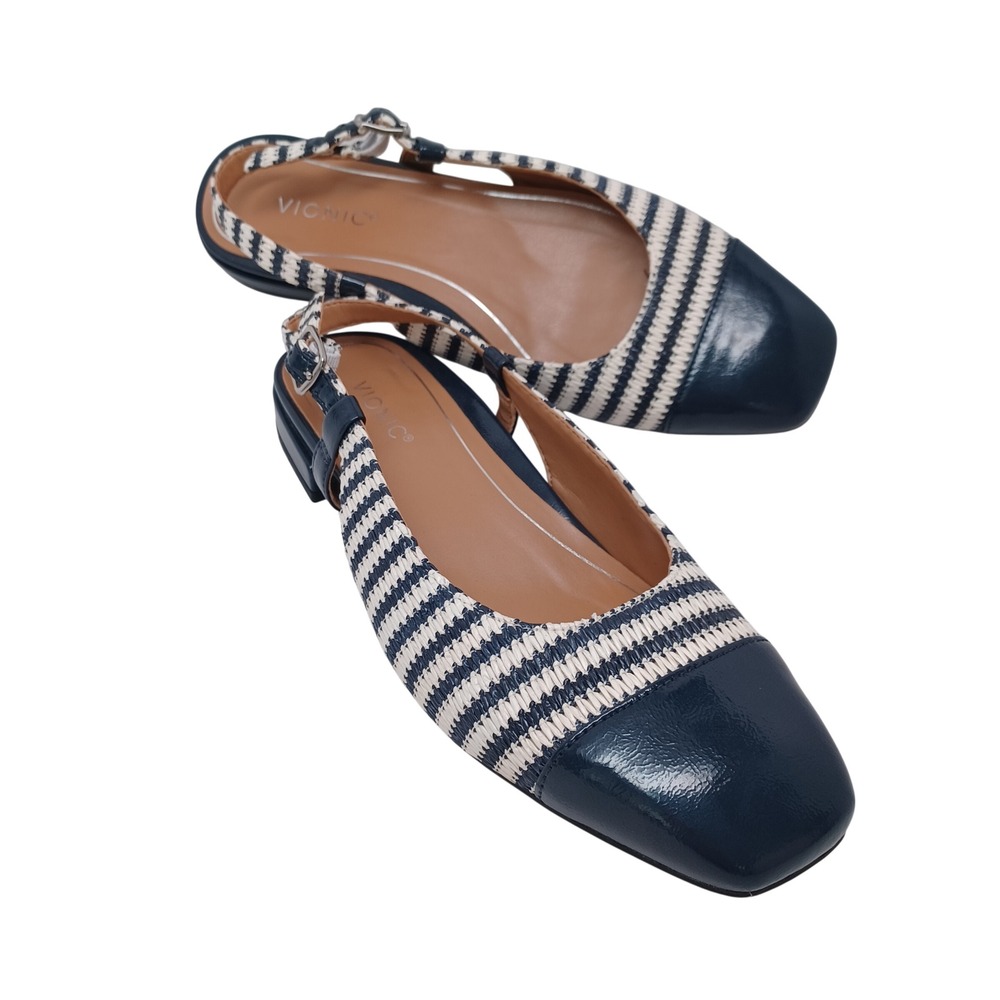 Vionic Navy and Cream Striped Square-Toe Slingback Flats